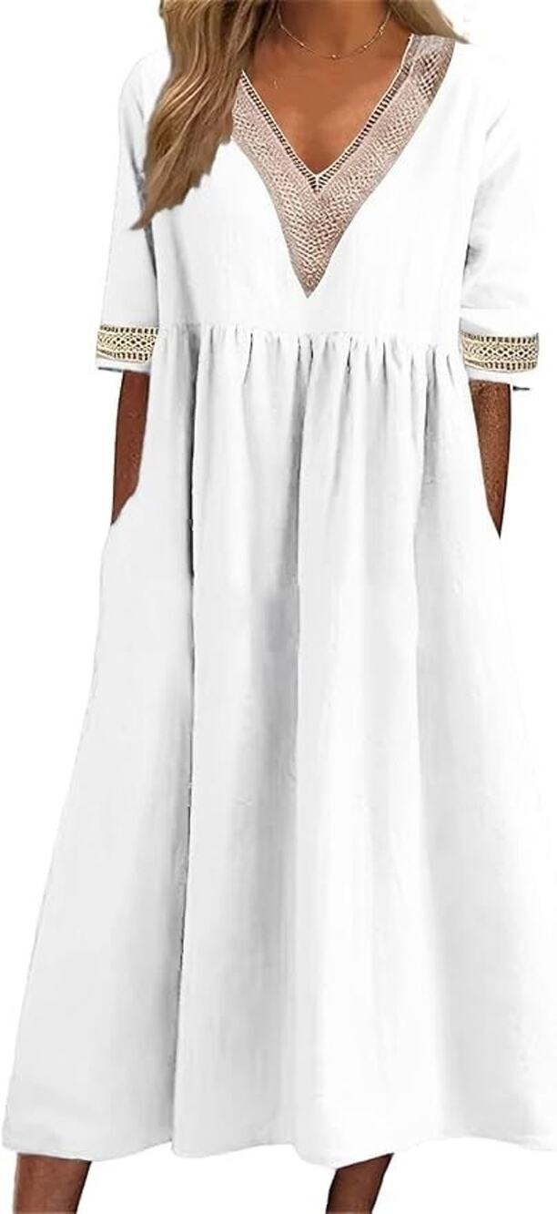MARSVOVO White Linen Maxi Dress L Boho Crochet V Neck Beach Resort NWOT